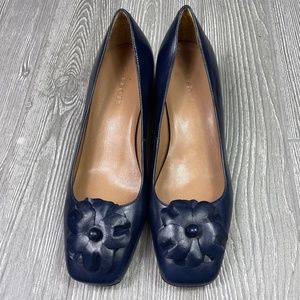 TALBOTS Flower Square Toe Stacked Heel Pump - Navy Blue
